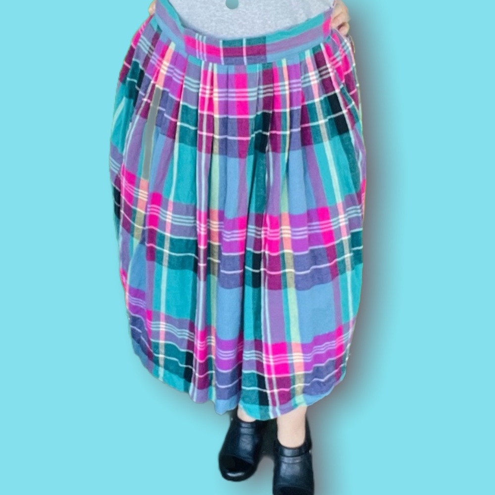 Vintage Woolrich blue pink plaid skirt cotton size 10 midi length
